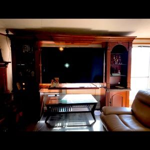 Beautiful brown living furnitureBeveled glass,heavy wood, brown,marble shelving